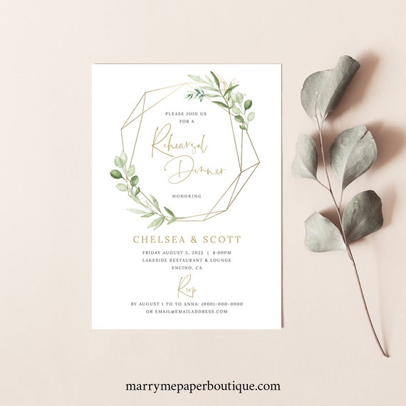 Rehearsal Dinner Invitation Template, Greenery Gold, Templett, Editable & Printable, Try Before Purchase, Instant Download