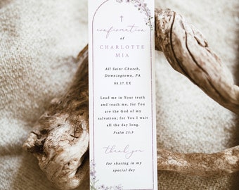 Confirmation Bookmark Template, Rustic Lavender Flower Arch, Editable, Lavender Confirmation Ceremony Bookmark, Templett INSTANT Download