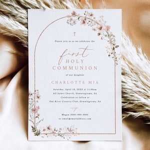 First Communion Invitation Template, Rustic Pink Flowers Arch, 5x7, First Holy Communion Invite Card, Editable, Templett INSTANT Download