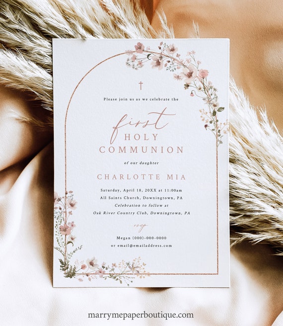 First Communion Invitation Template, Rustic Pink Flowers Arch, 5x7, First Holy Communion Invite Card, Editable, Templett INSTANT Download