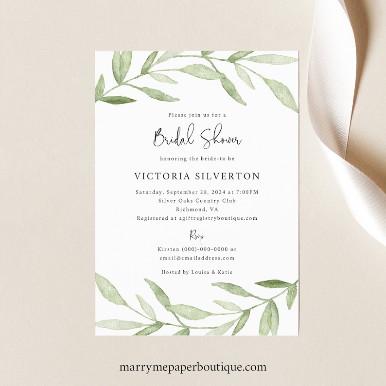 Bridal Shower Invitation Template, Try Before Purchase, Editable Instant Download, Greenery Leaves 