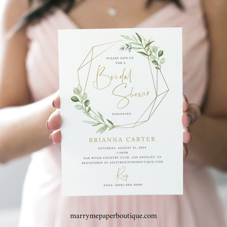 Bridal Shower Invite Template, Editable Printable Instant Download, Greenery & Gold 