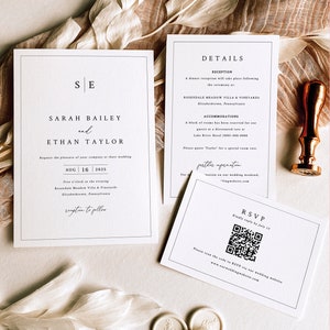 Wedding Invitation Template Set, Minimalist Wedding Monogram, QR Code RSVP, Printable, Editable Wedding Invites, Templett INSTANT Download image 1