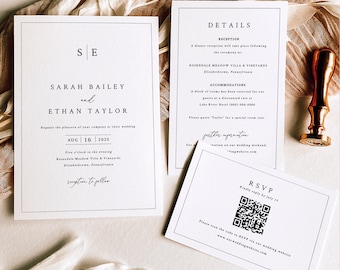 Wedding Invitation Template Set, Minimalist Wedding Monogram, QR Code RSVP, Printable, Editable Wedding Invites, Templett INSTANT Download