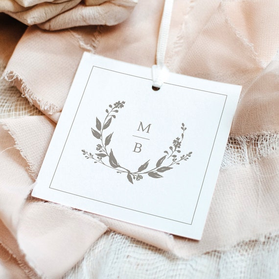 Wedding Favor Tag Template, Elegant Wreath Monogram, Editable, Square Wedding Tag With Monogram, Printable, Templett INSTANT Download