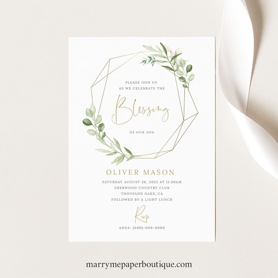 Blessing Ceremony Invitation Card Template, Greenery Gold, Baby Blessing Invitation Card, Printable, Editable, Templett INSTANT Download