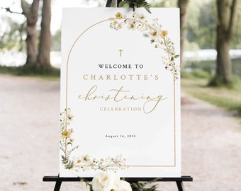 Christening Welcome Sign Template, Rustic Yellow Flower Arch, Printable, Editable Welcome to the Christening Sign, Templett INSTANT Download