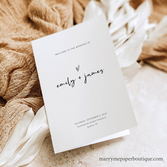 Four Page Wedding Program Template, Love Heart, Editable Folded, Cute Modern Wedding Ceremony Program, Printable, Templett INSTANT Download