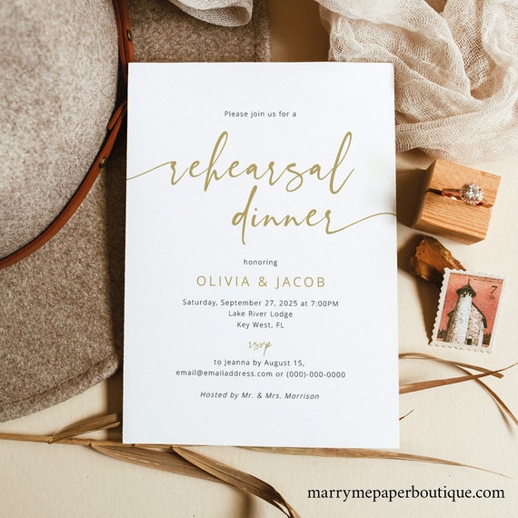 Rehearsal Dinner Invitation Template, Gold, Modern Script, Printable, Gold Rehearsal Invitation, Templett INSTANT Download, Editable