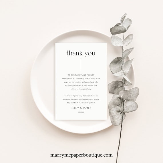 Thank You Note Template, Minimalist Modern, Printable, 4x6, Editable, Minimalist Wedding Guest Thank You Letter, Templett INSTANT Download