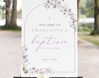 Baptism Welcome Sign Template, Rustic Lavender Flowers Arch, Editable, Welcome To The Baptism Sign, Printable, Templett INSTANT Download