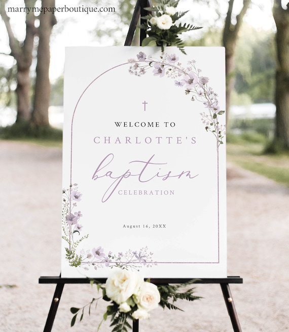 Baptism Welcome Sign Template, Rustic Lavender Flowers Arch, Editable, Welcome To The Baptism Sign, Printable, Templett INSTANT Download