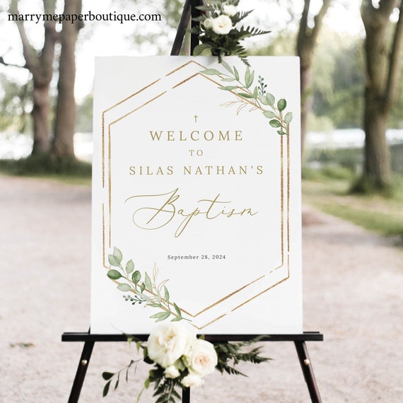Baptism Welcome Sign Template, Greenery Hexagonal, Editable & Printable Instant Download, TRY BEFORE You Buy, Templett