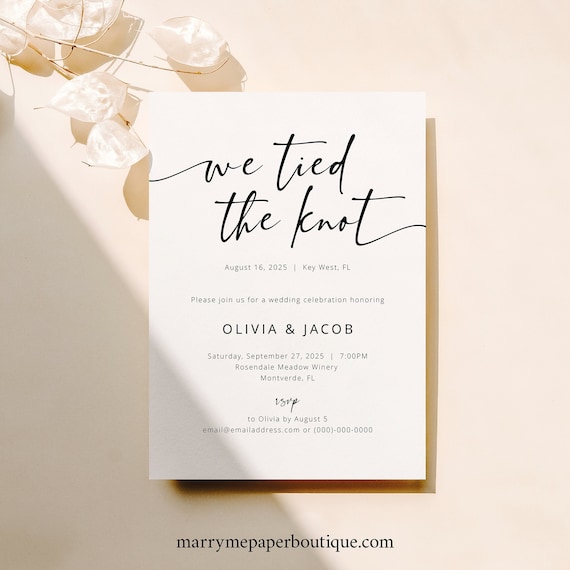 We Tied The Knot Wedding Announcement Template, Modern Calligraphy, Reception Party Invitation, Printable, Templett INSTANT Download