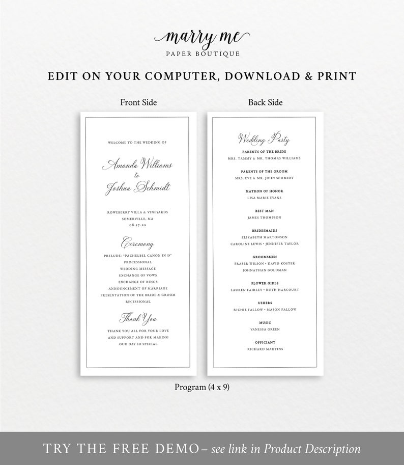 Wedding Program Template, Traditional Wedding Calligraphy & Border, Tall Wedding Ceremony Program, Printable, Templett INSTANT Download image 4