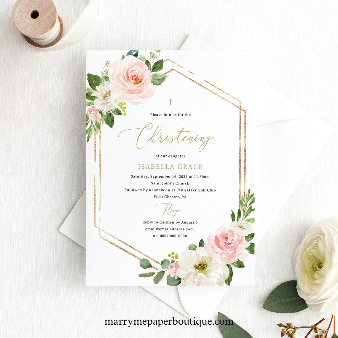 Christening Invitation Template Pink Floral Hexagonal TRY | Etsy