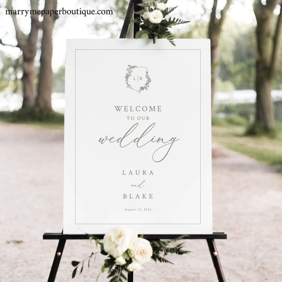 Wedding Welcome Sign Template, Botanical Crest, Elegant Wedding Sign, Printable,  Editable, Templett INSTANT Download