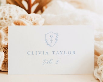 Wedding Place Cards Template, Light Blue Crest & Monogram, Flat and Tent, Editable, Wedding Name Cards, Printable, Templett INSTANT Download
