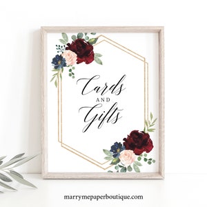 Cards and Gifts Sign Template, Burgundy & Navy, Wedding Sign, Wedding Cards and Gifts Sign, Printable, Templett INSTANT Download