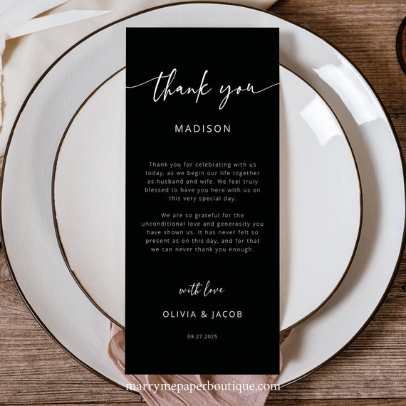 Personalizable Thank You Letter Template, Modern Script, Black, 4x9, Wedding Thank You Note, Printable, Editable, Templett INSTANT Download