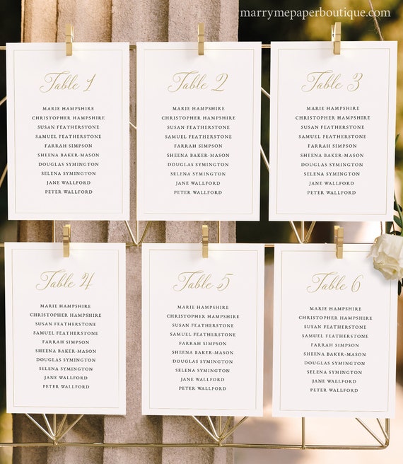 Seating Chart Cards Template, Calligraphy Design in Gold, 4x6, Editable, Wedding Seating Plan Cards, Printable, Templett INSTANT Download
