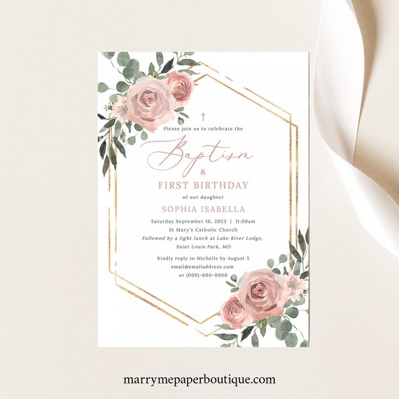 Baptism & First Birthday Invitation Template, Dusky Pink Floral, Birthday Baptism Invite, Printable, Editable, Templett INSTANT Download