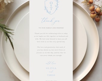 Table Thank You Note Template, Light Blue Crest & Monogram, Printable, 4x9, Wedding Thank You Letter, Editable, Templett INSTANT Download