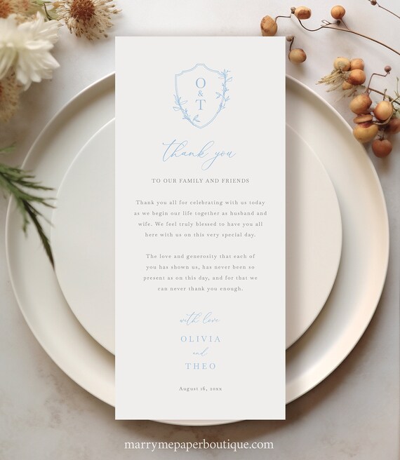 Table Thank You Note Template, Light Blue Crest & Monogram, Printable, 4x9, Wedding Thank You Letter, Editable, Templett INSTANT Download