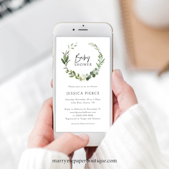 Baby Shower Text Invitation Template, Elegant Greenery, Digital Baby Shower Text Invite, Editable, Templett INSTANT Download