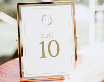 Table Number Template, Gold, Wedding Crest & Monogram, Wedding Table Number Sign Template, Printable, Templett INSTANT Download, Editable