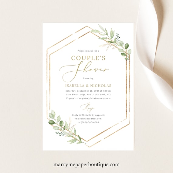 Couple's Shower Invitation Template, Greenery Hexagonal, Editable & Printable Instant Download, Templett, TRY BEFORE You Buy