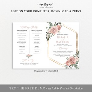 Wedding Program Fan Template, Dusky Pink Floral, Wedding Fan Program, Printable, Templett INSTANT Download, Editable Bild 3