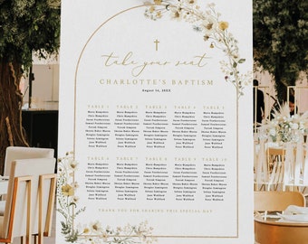 Baptism Seating Plan Template, Rustic Yellow Flower Arch, Editable Yellow Seating Chart Sign, Seating Poster Sign, Templett INSTANT Download