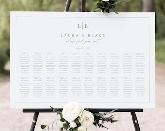 Wedding Seating Plan Template, Monogram & Border, Seating Chart Sign, Printable, Editable Poster, Templett INSTANT Download, Horizontal