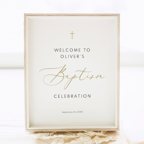 Elegant Baptism Welcome Sign Template, Elegant Gold Script, Small Baptism Welcome Sign, 8x10, Editable, Templett INSTANT Download