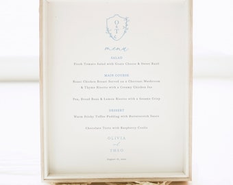 Menu Sign Template, Blue Wedding Crest & Monogram, Editable, Printable, 8x10, Blue Crest Wedding Menu Template, Templett INSTANT Download