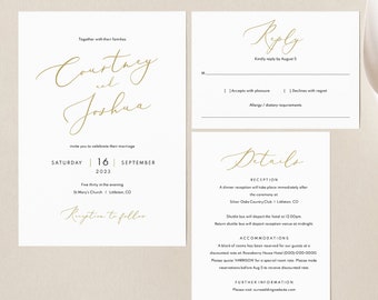 Wedding Invitation Template Set, Elegant Gold Script, Wedding Invite Printable, Details & RSVP, Editable, Templett, INSTANT Download