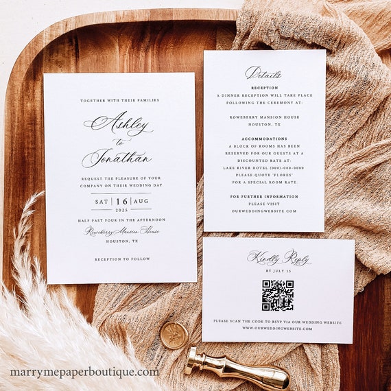 Wedding Invitation Templates, Classic & Traditional, QR Code RSVP Card, Printable Wedding Invites, Templett INSTANT Download, Editable