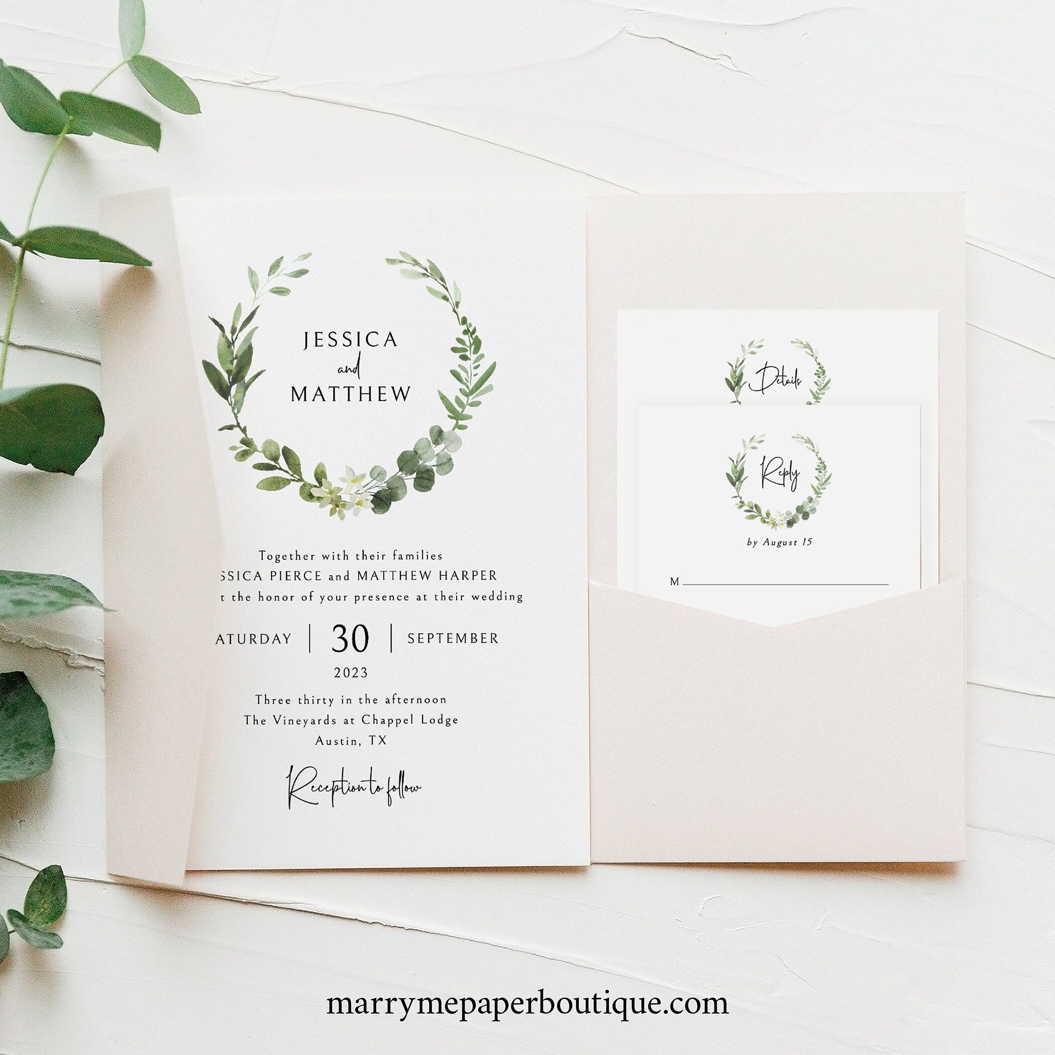 Pocketfold Wedding Invitation Template Set Elegant Greenery Etsy
