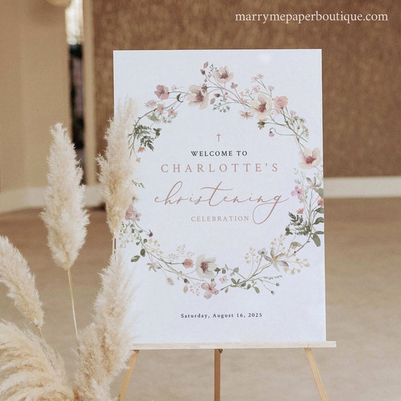 Christening Welcome Sign Template, Rustic Pink Flowers, Editable, Pink Welcome to the Christening Sign, Printable, Templett INSTANT Download