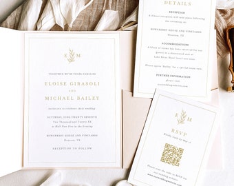 Wedding Invitation Template Set, Leaf Monogram in Gold, Pocketfold, QR Code RSVP, Editable Elegant Wedding Invite, Templett INSTANT Download