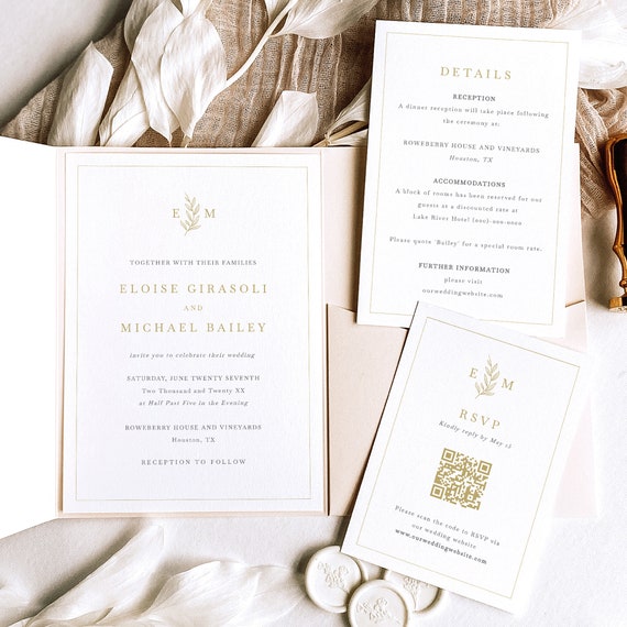 Wedding Invitation Template Set, Leaf Monogram in Gold, Pocketfold, QR Code RSVP, Editable Elegant Wedding Invite, Templett INSTANT Download