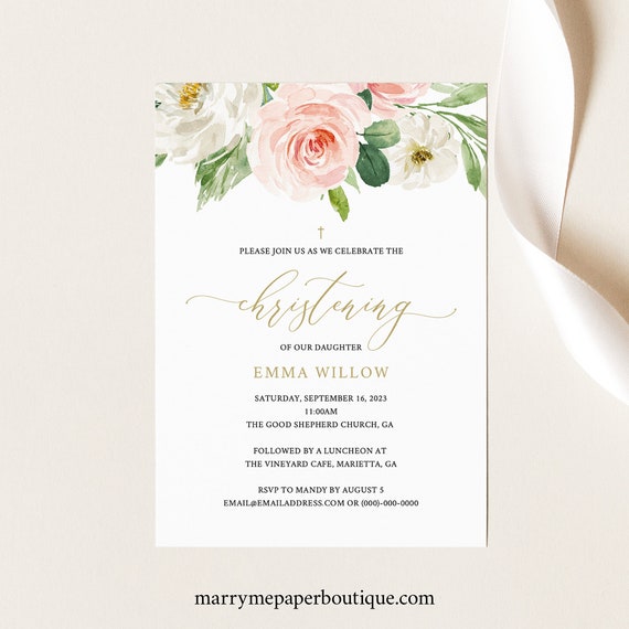 Christening Invitation Template, Blush Floral, Demo Available, Editable & Printable Instant Download