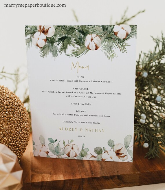 Menu Sign Template, Winter Pine & Cotton, Editable, Printable, 8x10, Christmas Wedding Menu Template, Templett INSTANT Download