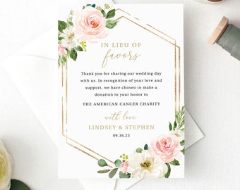 In Lieu of Favors Card Template, Blush Floral Hexagonal, Editable Instant Download, Try Before Purchase