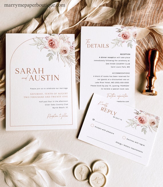 Wedding Invitation Template Set, Blush Floral Boho Arch, Editable, Wedding Invites, Printable, RSVP & Details, Templett INSTANT Download