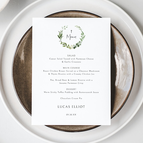 Baptism Menu Template, Elegant Greenery, 5x7, Greenery Baptism Menu Card, Editable, Baptism Table Menu, Templett INSTANT Download