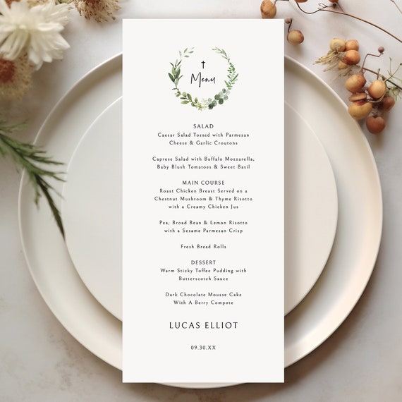 Baptism Menu Template, Elegant Greenery Wreath, Editable, Greenery Baptism Menu Card, 4x9, Neutral Baptism Menu, Templett INSTANT Download