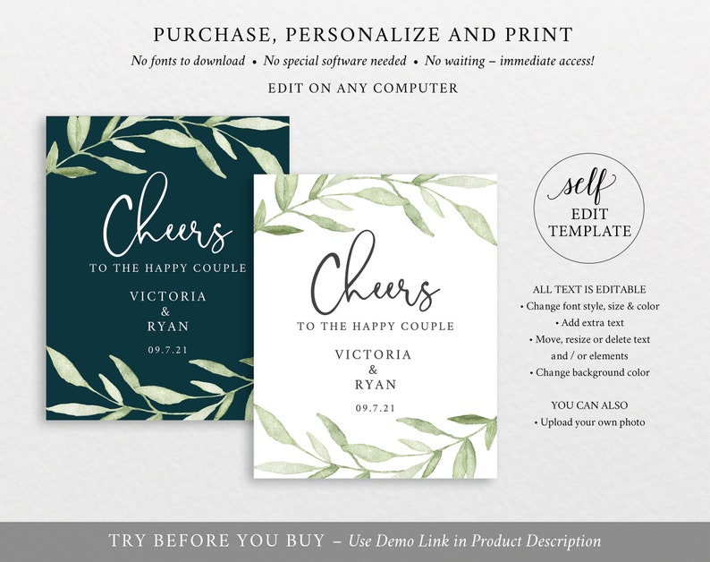 Wine Bottle Label Template, Try Before Purchase, Editable Instant Download, Greenery Leaves image 3