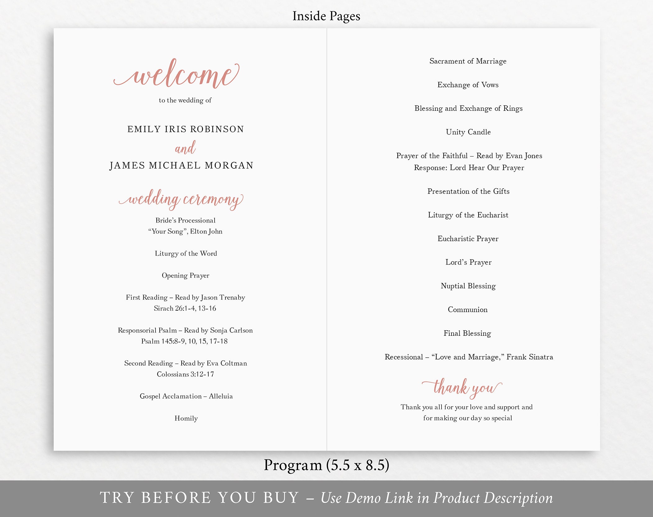 Catholic Wedding Program Template, Rose Gold Script Folded